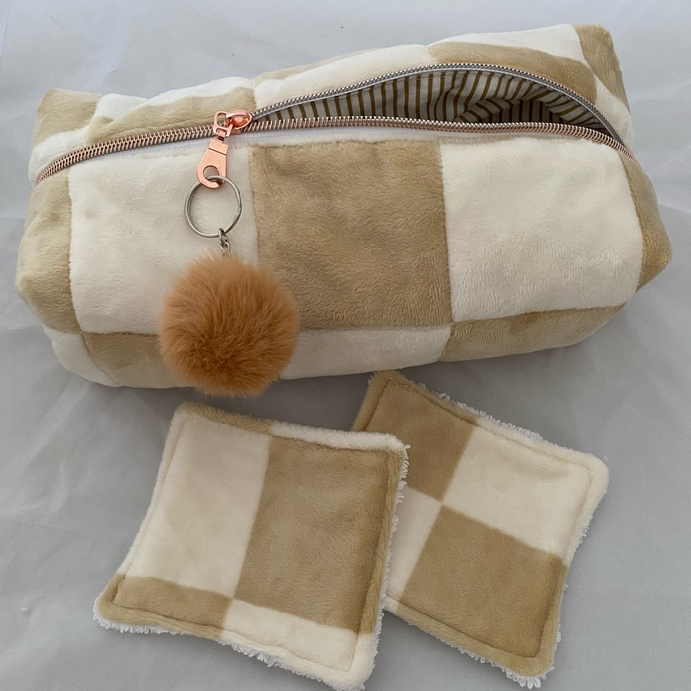 Checkered Beige and White Plush Pouch with Pom Pom and matching Facial Wash Pads